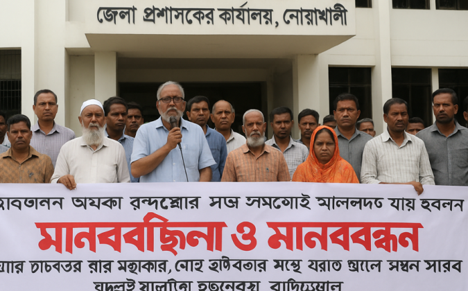 নোয়াখালীতে রাস্তার কাজে বাধা ও হামলার প্রতিবাদে মানববন্ধন